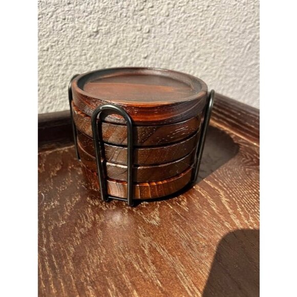 Natural Wood Drink Coasters Set with Holder for Modern Home Decor - Picture 1 of 2